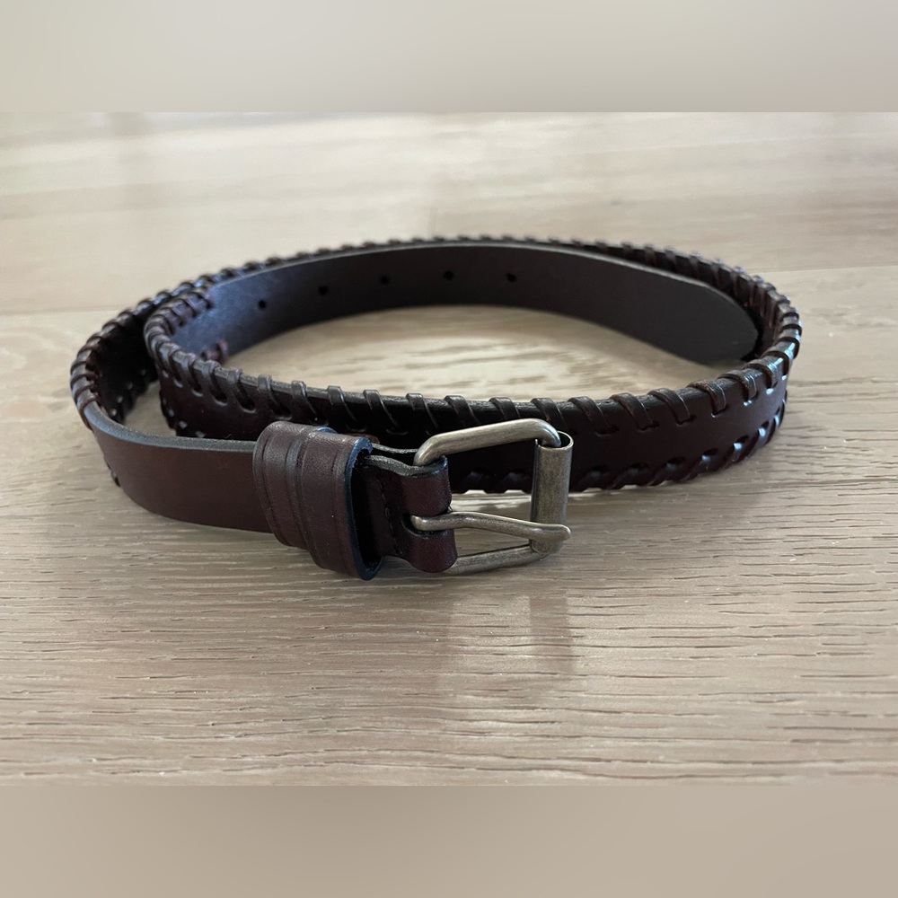 Club Monaco Brown Leather Belt with Pewter Buckle and Braid Edges Labeled Small
